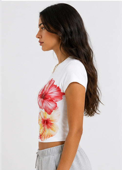Tropical Hibiscus Floral Graphic Slim Fit Crop Top – White