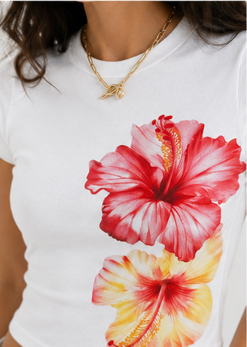 Tropical Hibiscus Floral Graphic Slim Fit Crop Top – White