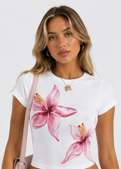 Women's Pink Tropical Floral Graphic Slim Fit Crop Top – White