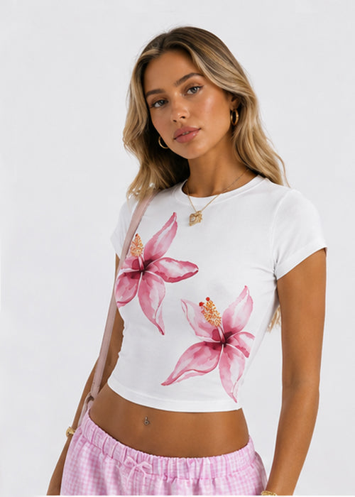Women's Pink Tropical Floral Graphic Slim Fit Crop Top – White