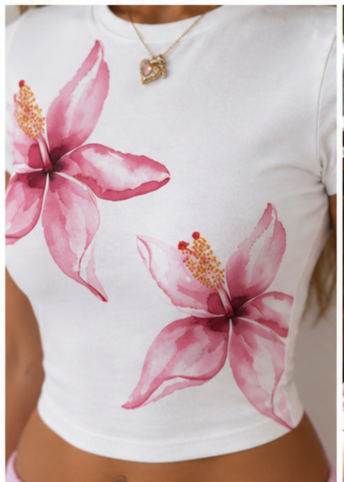 Women's Pink Tropical Floral Graphic Slim Fit Crop Top – White