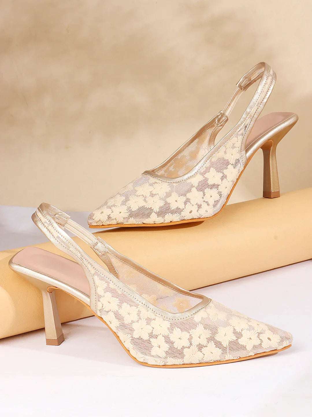 Embroidered Pointed Toe Slingback Heels with Mesh Design
