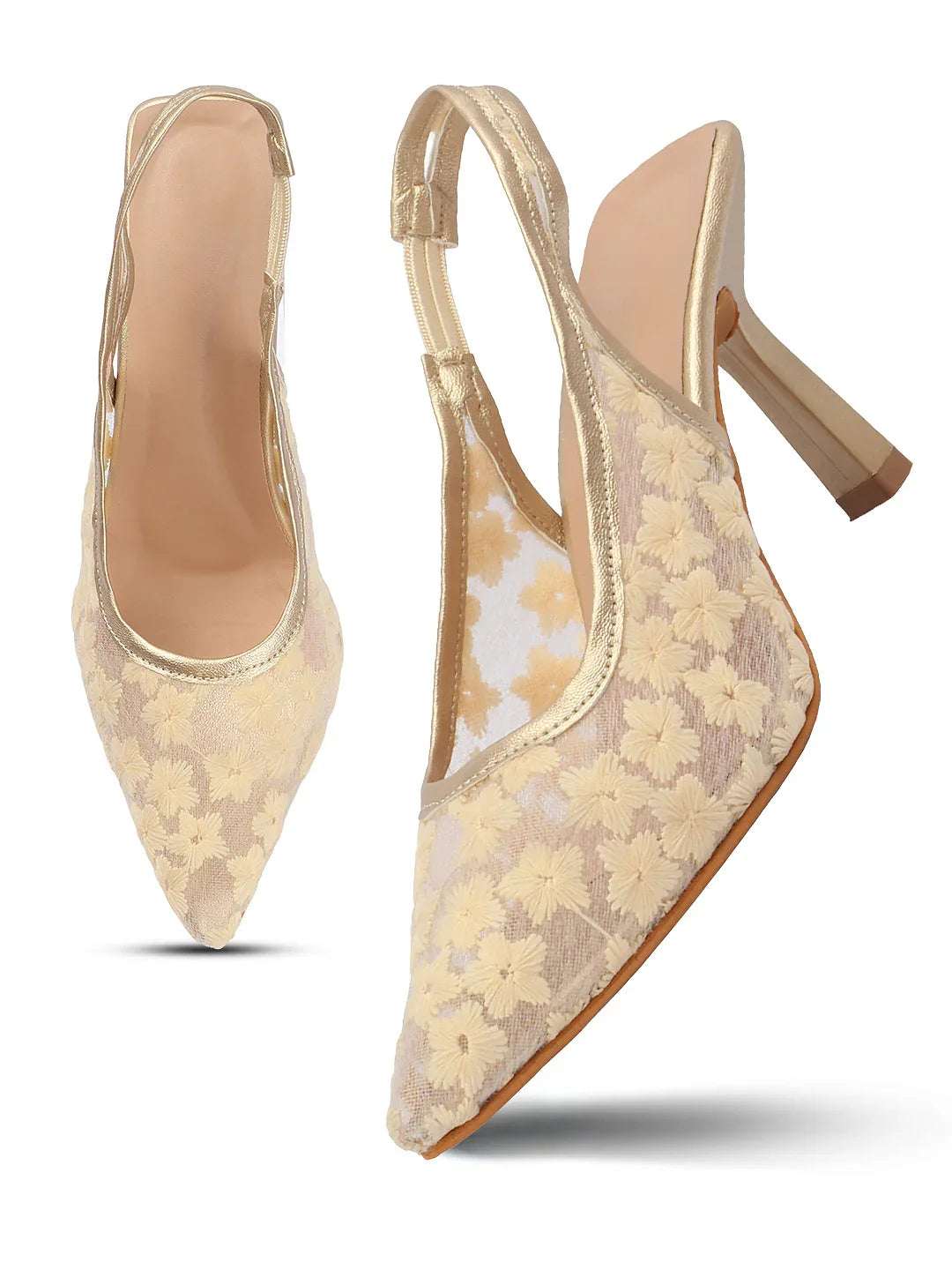 Embroidered Pointed Toe Slingback Heels with Mesh Design