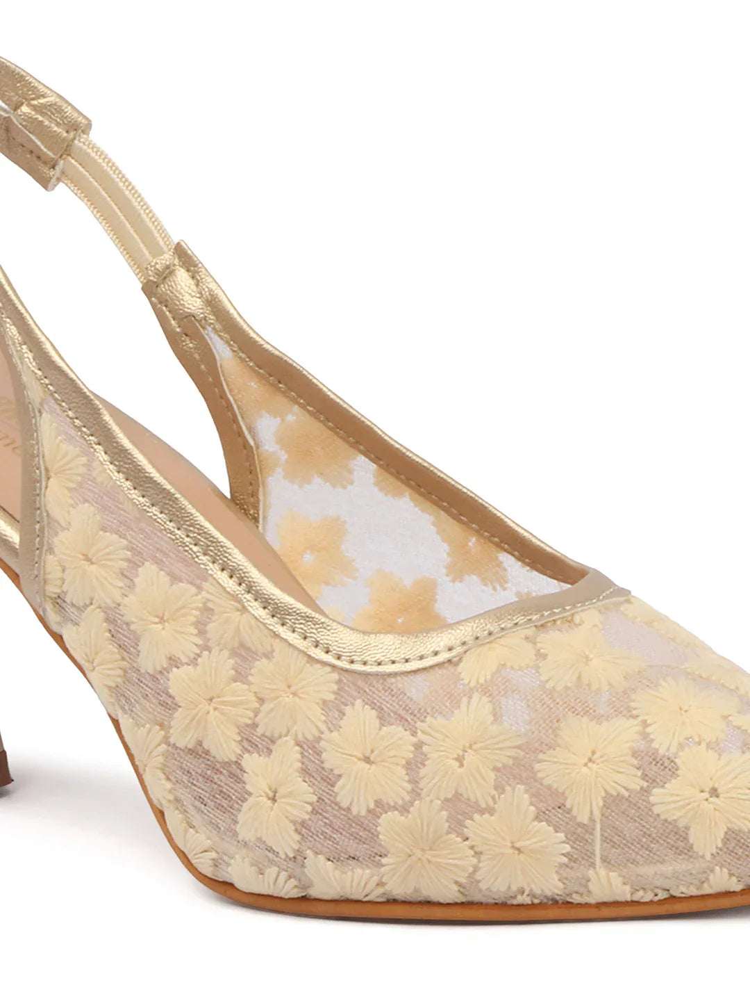 Embroidered Pointed Toe Slingback Heels with Mesh Design