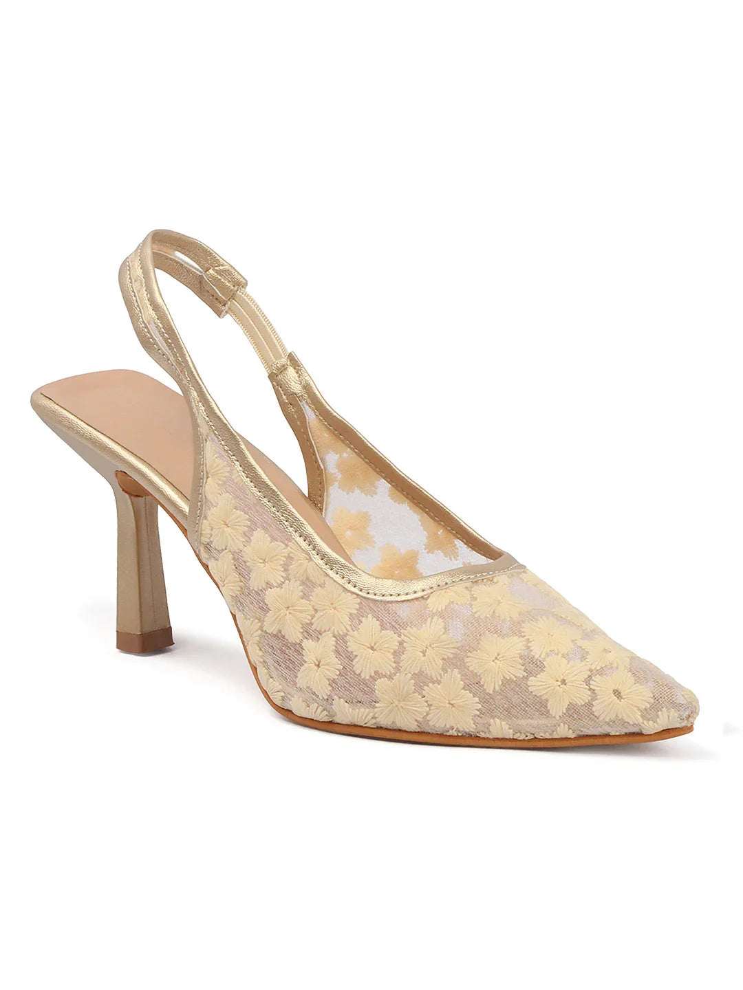 Embroidered Pointed Toe Slingback Heels with Mesh Design