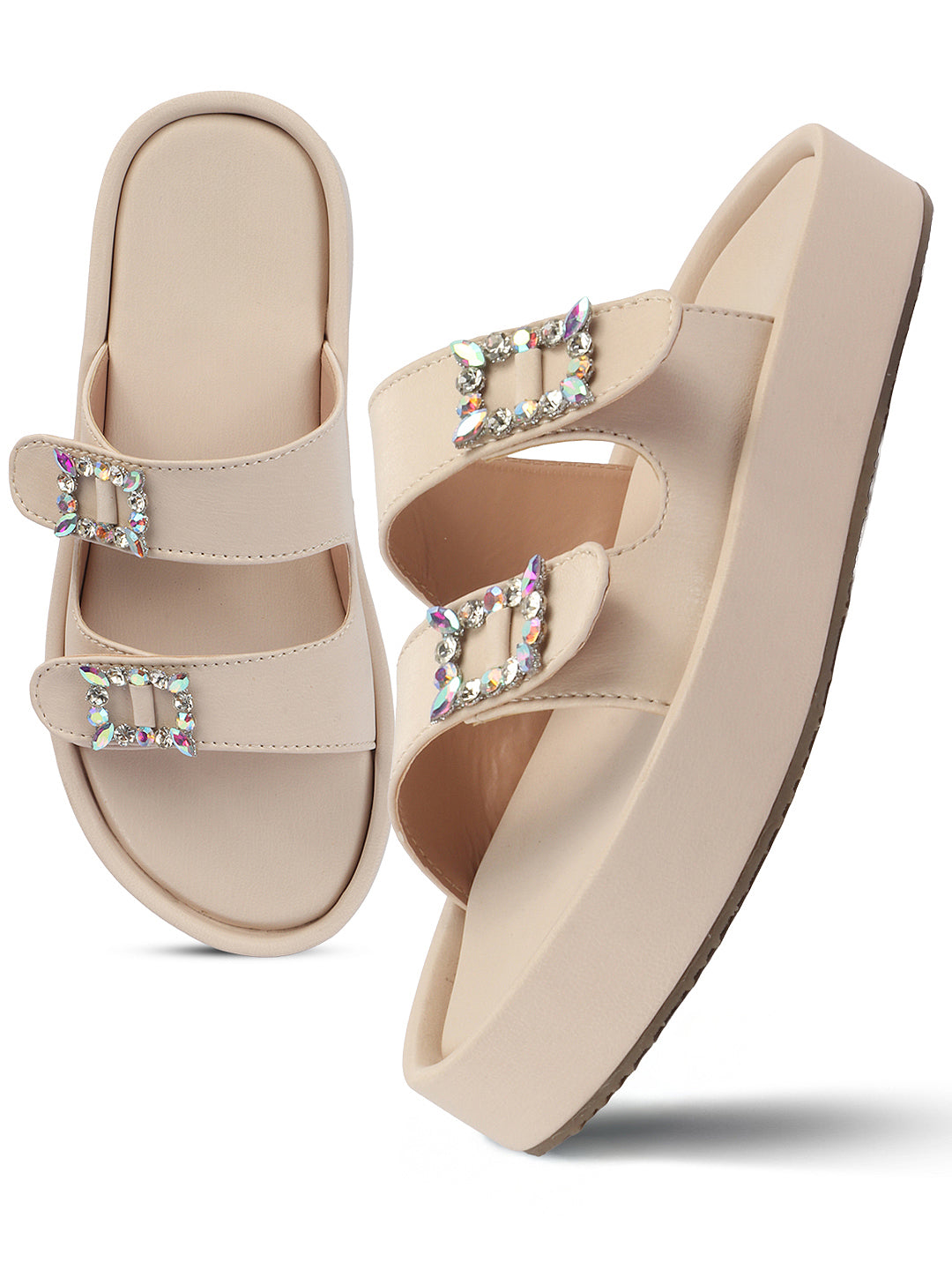 Dual-Strap Rhinestone Buckle Slide Soft Casual Flats