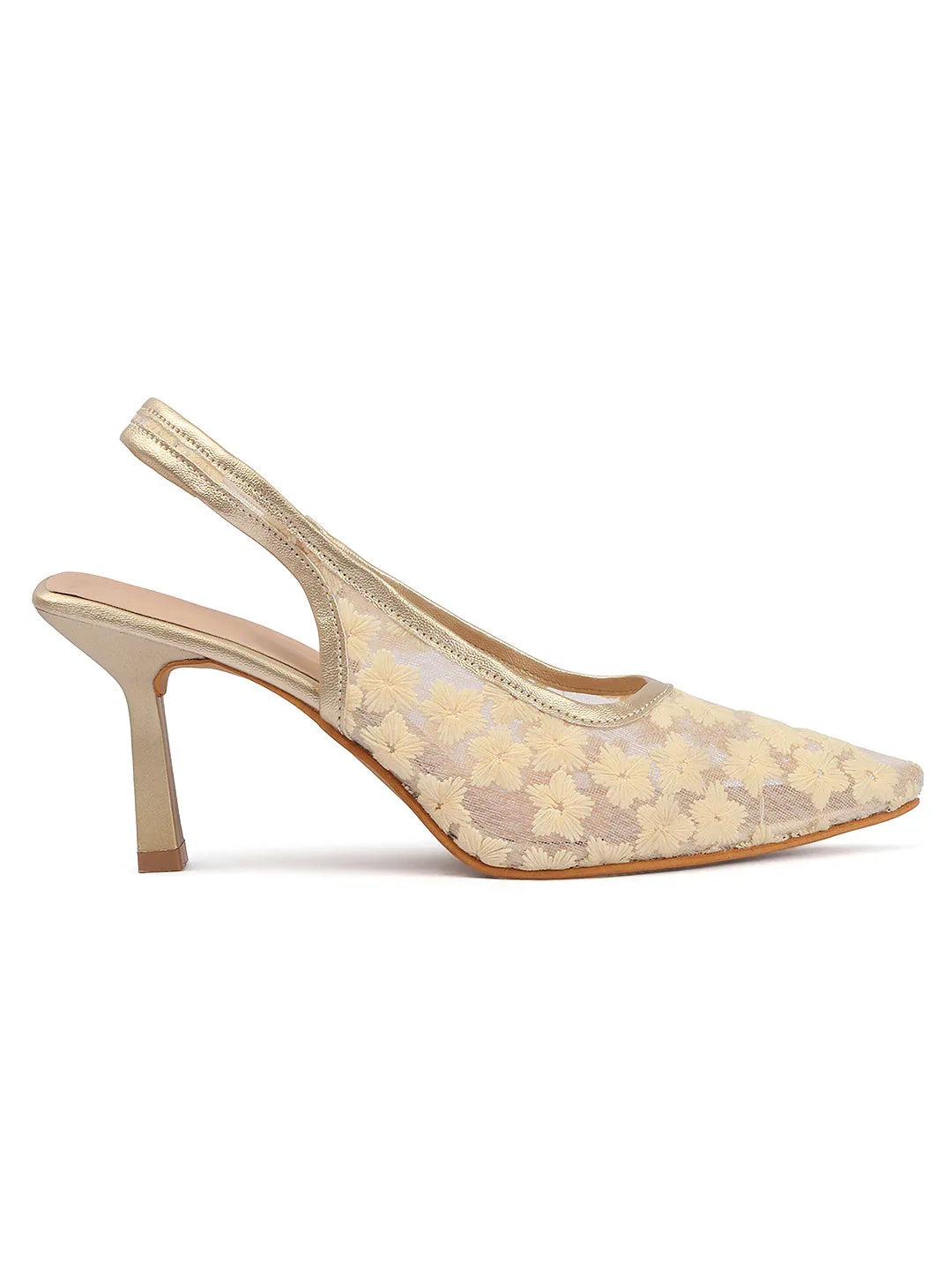 Embroidered Pointed Toe Slingback Heels with Mesh Design