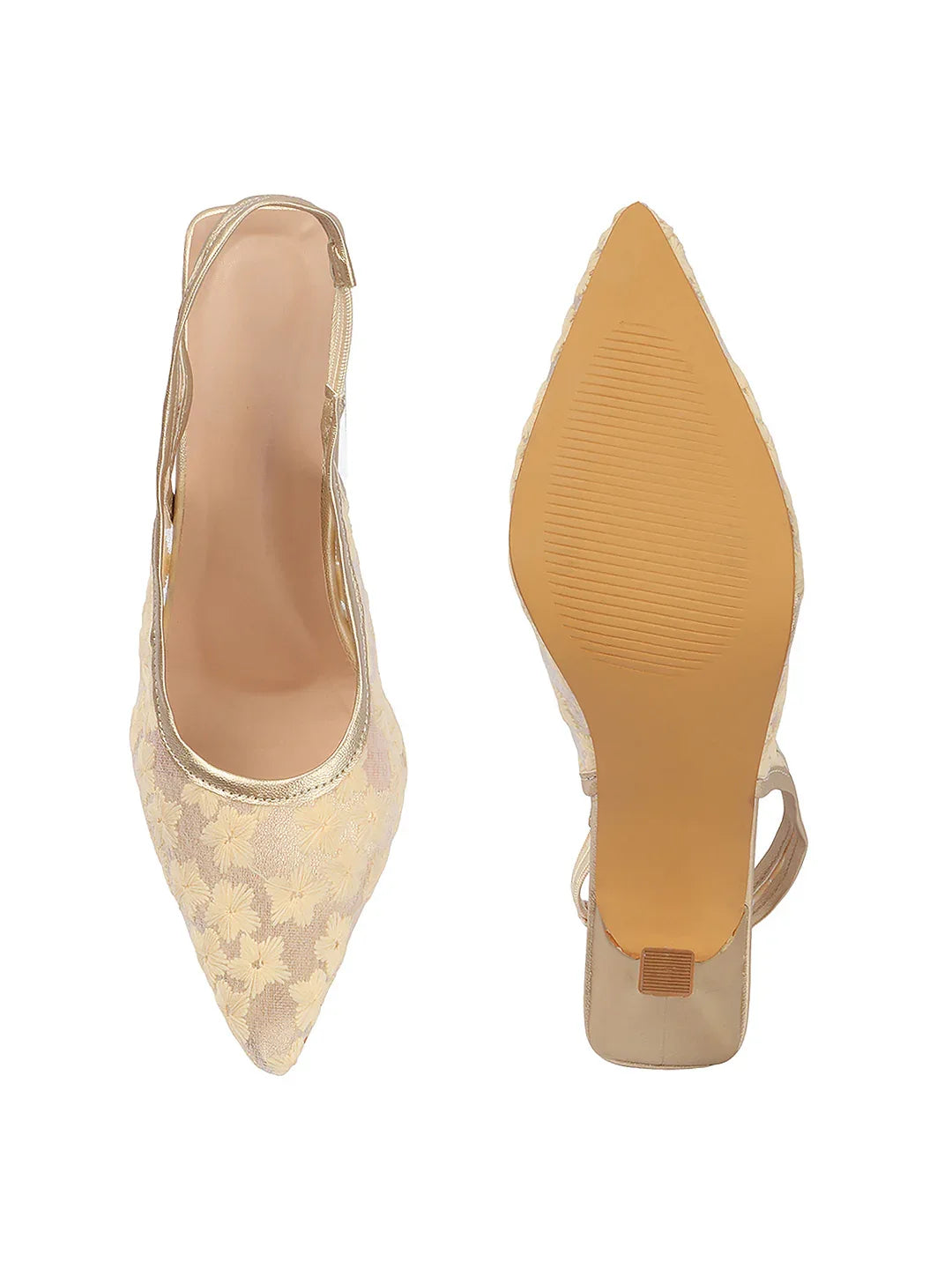 Embroidered Pointed Toe Slingback Heels with Mesh Design
