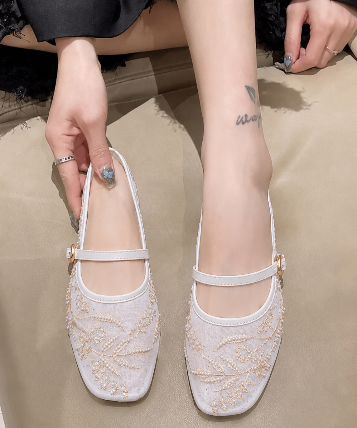 Elegant Pearl & Sequin Strap Mary Jane Style Ballerinas