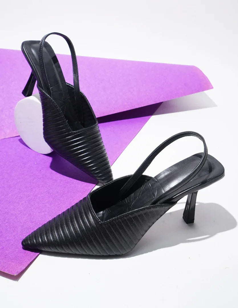 Noir Ribbed Stiletto Slingbacks