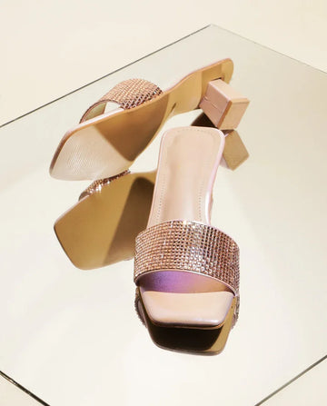 Crystal Grid Block Heel Slides