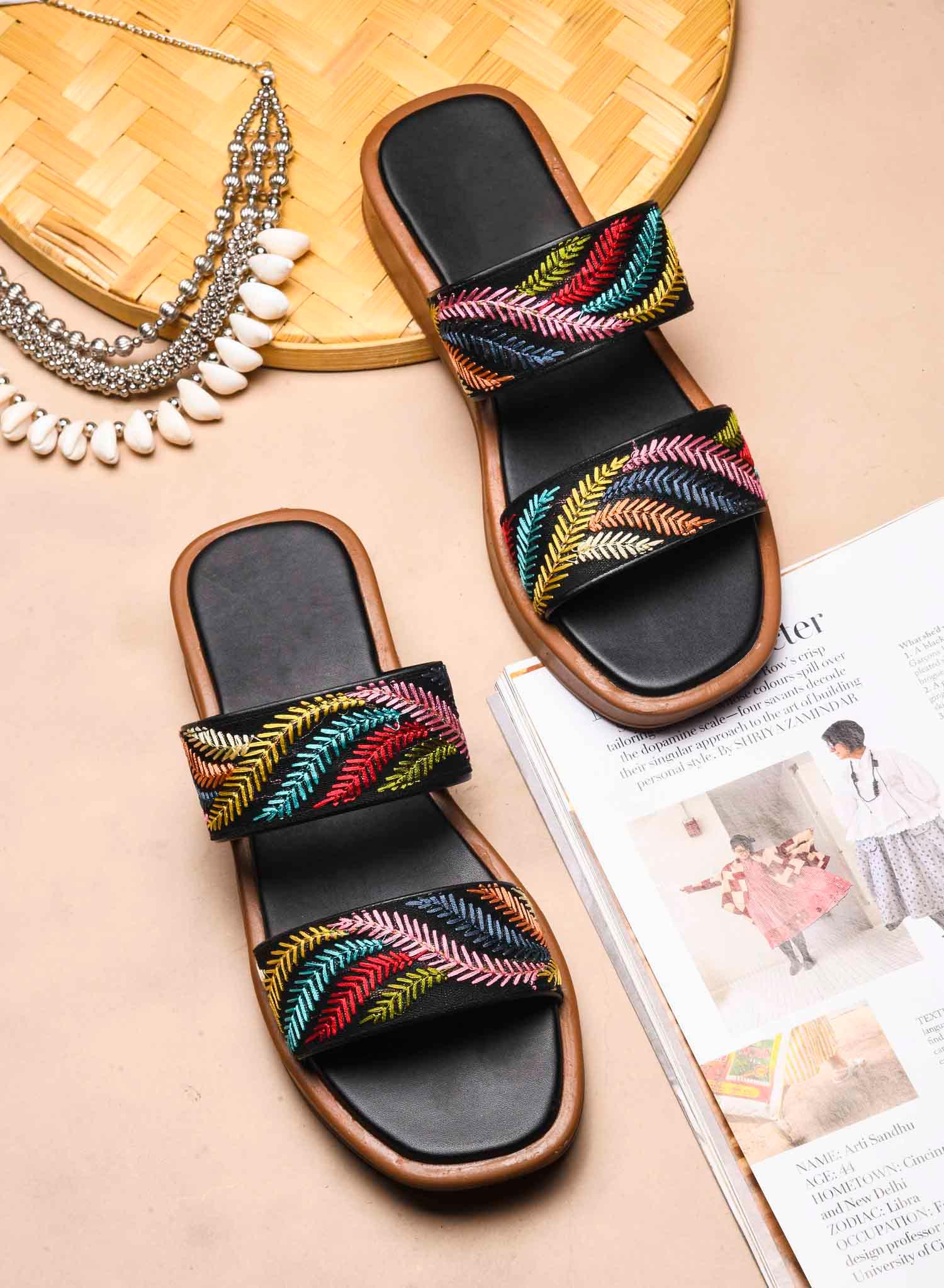 Ethnic Leaf Embroidery Flat Slides