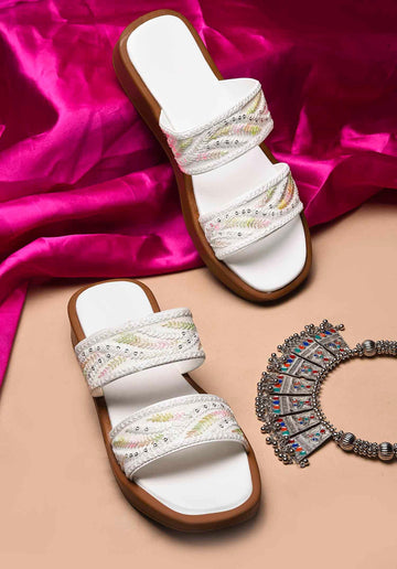 Ethnic Leaf Embroidery Flat Slides