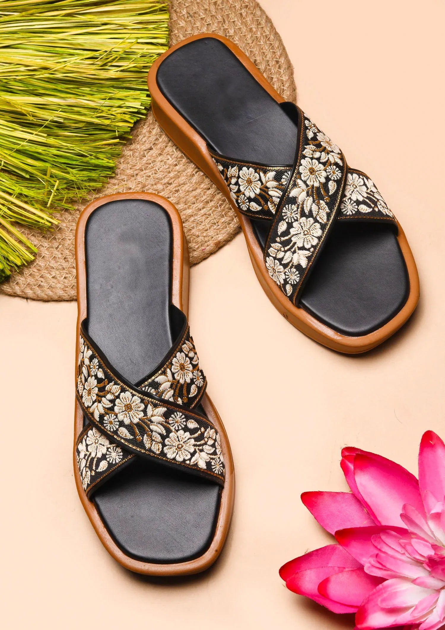 Elegant Embroidered Flat Slides