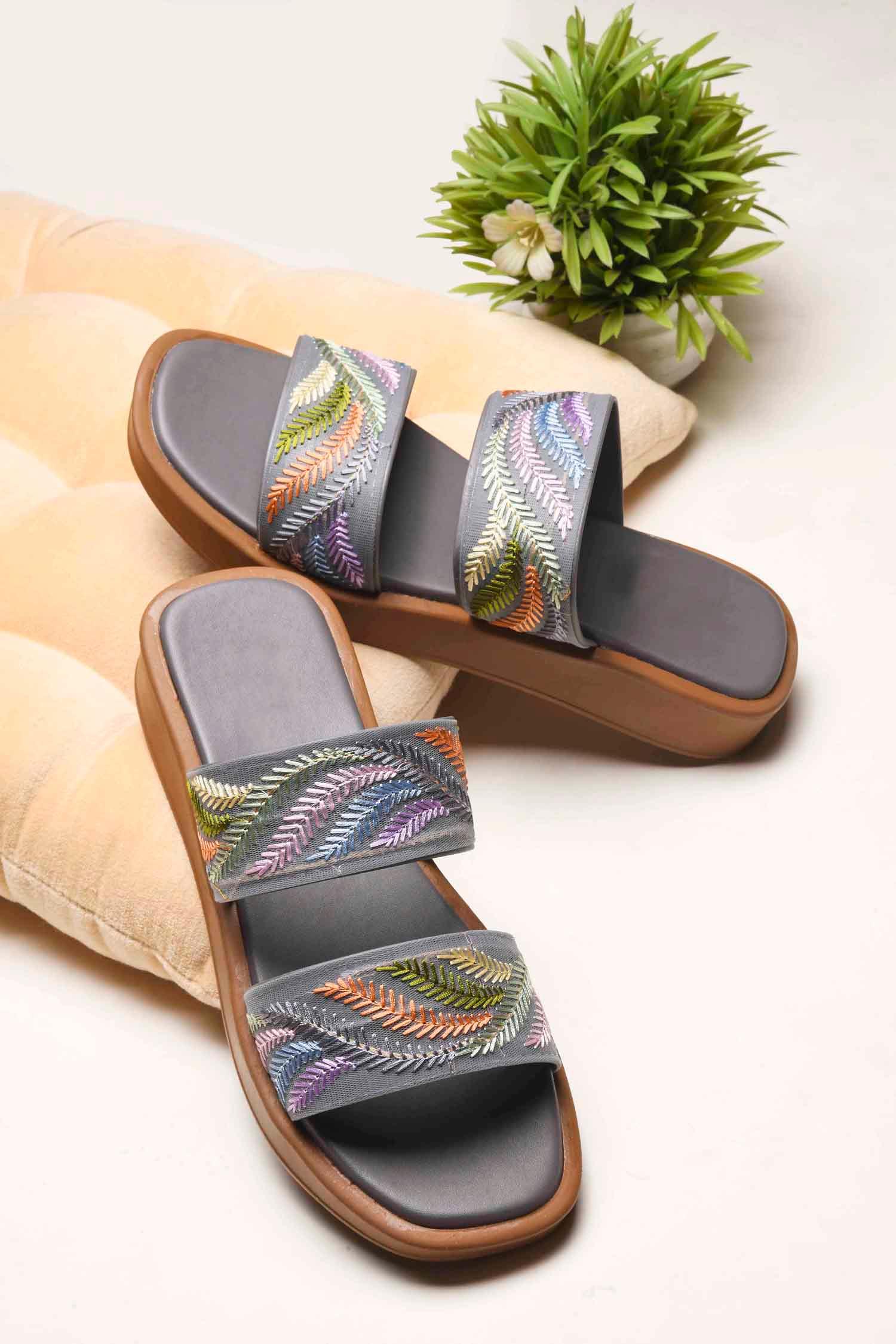Ethnic Leaf Embroidery Flat Slides