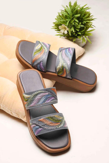 Ethnic Leaf Embroidery Flat Slides