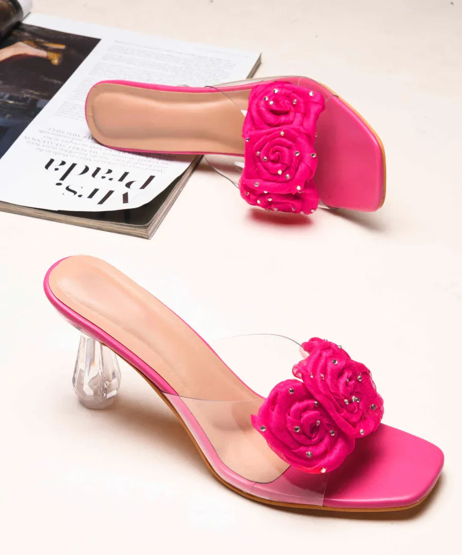 Floral Rose Transparent Heel Mules