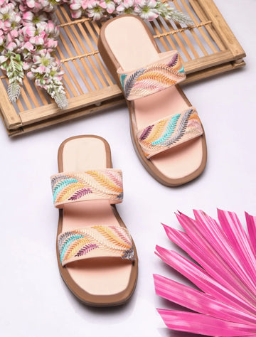 Ethnic Leaf Embroidery Flat Slides