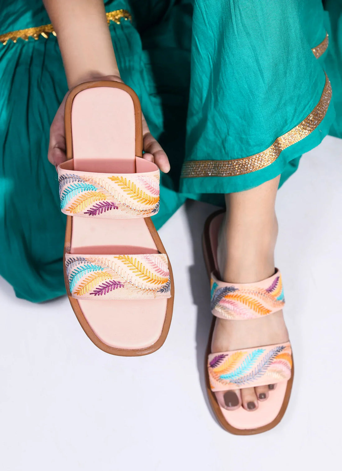 Ethnic Leaf Embroidery Flat Slides