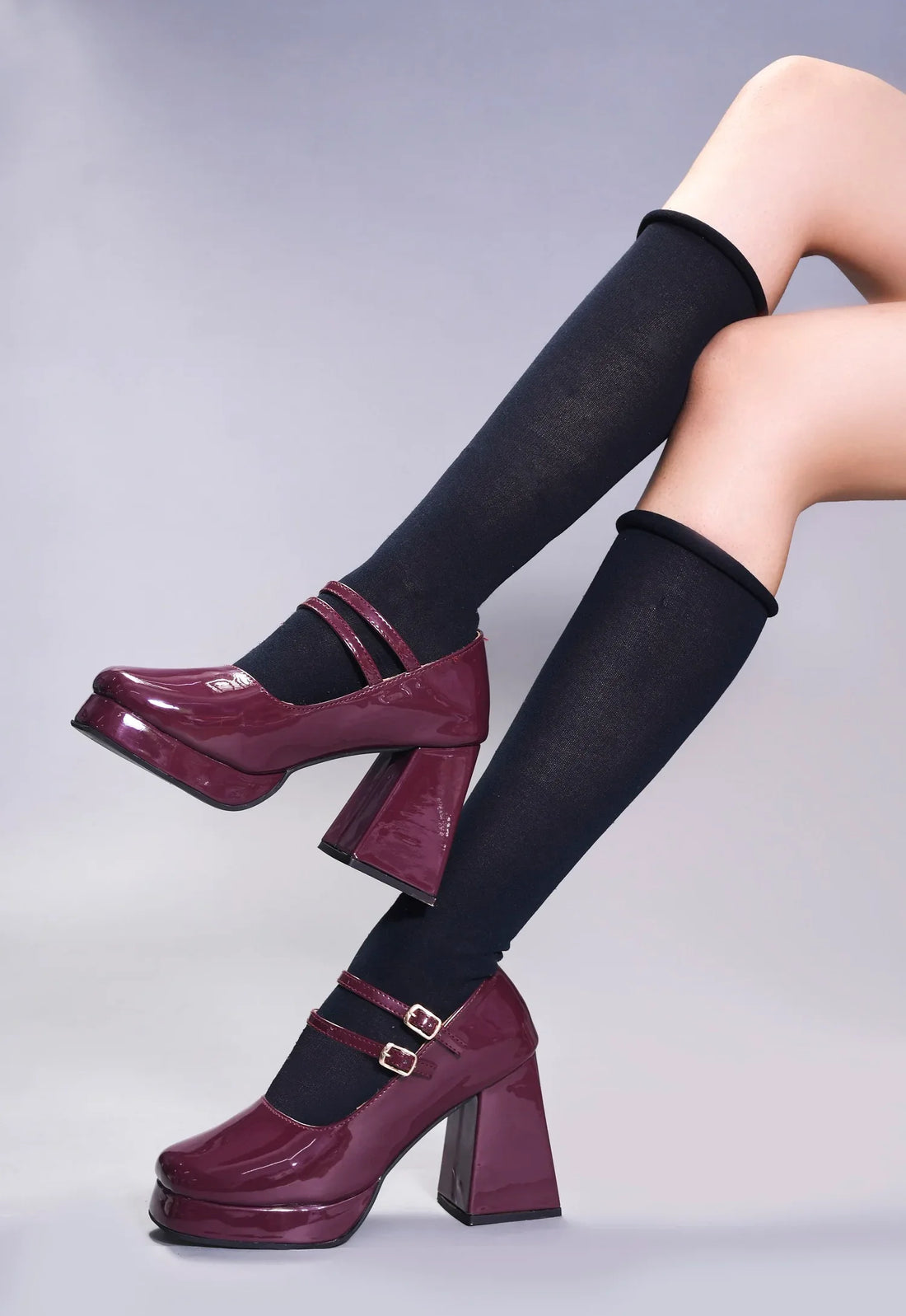 Patent Finish Double Strap Block Heel Pumps