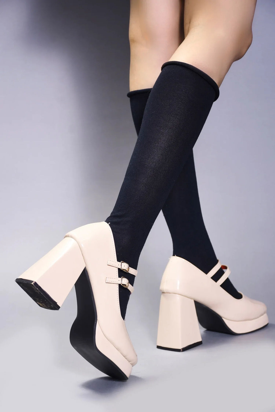 Patent Finish Double Strap Block Heel Pumps