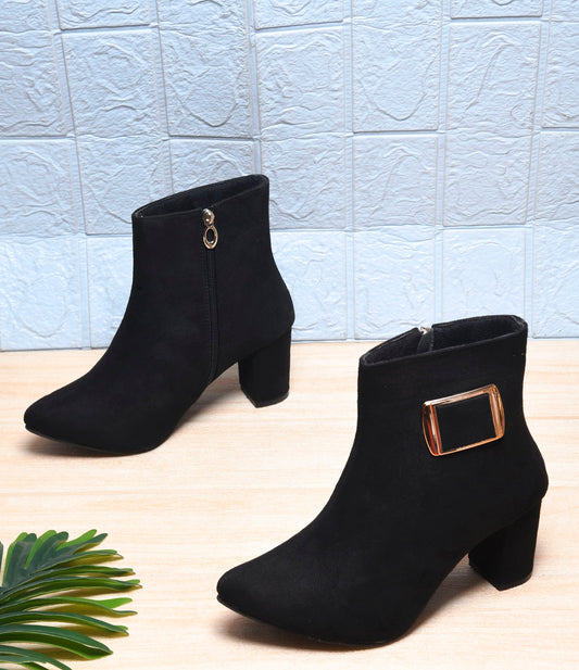 Women’s Ankle-Length Boots with Buckle Detail and Block Heel