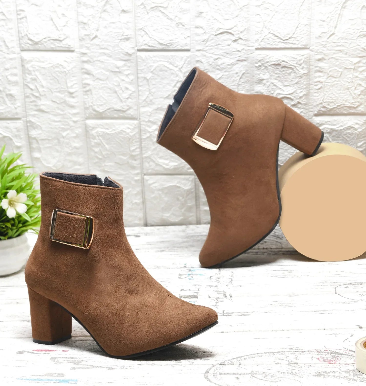 Women’s Ankle-Length Boots with Buckle Detail and Block Heel
