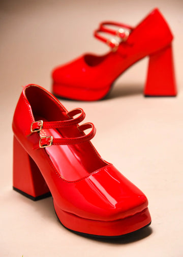 Patent Finish Double Strap Block Heel Pumps