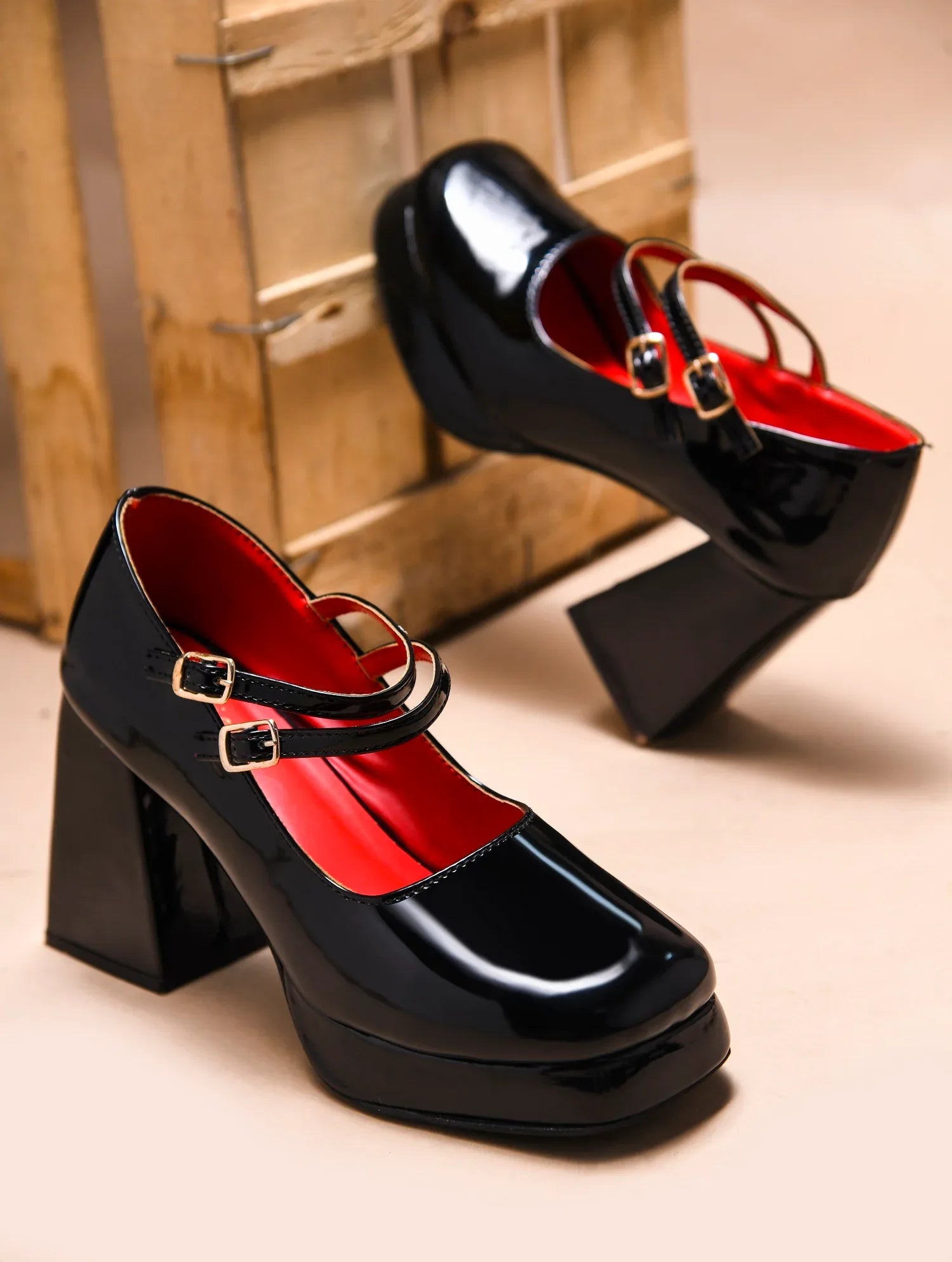 Patent Finish Double Strap Block Heel Pumps
