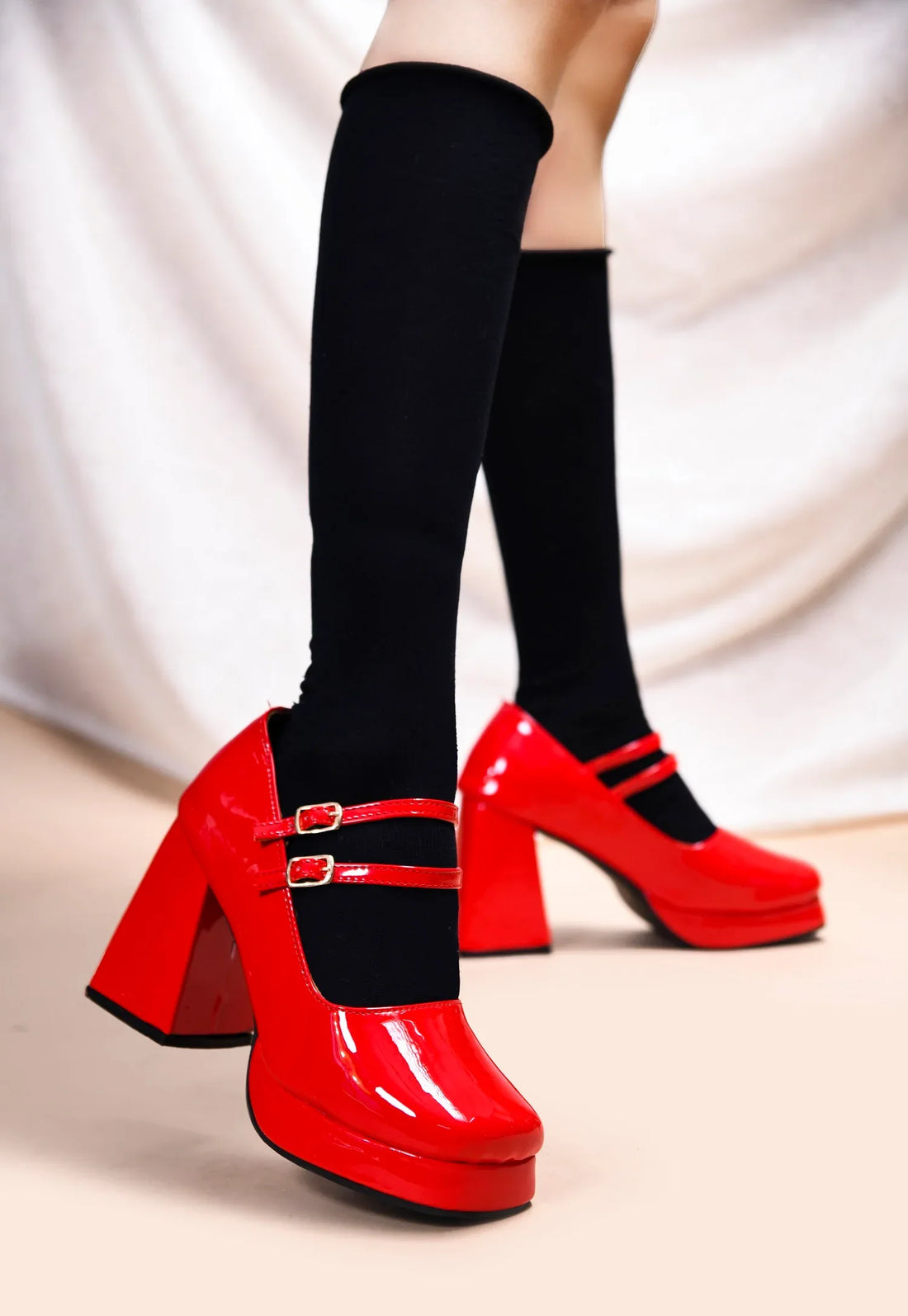 Patent Finish Double Strap Block Heel Pumps