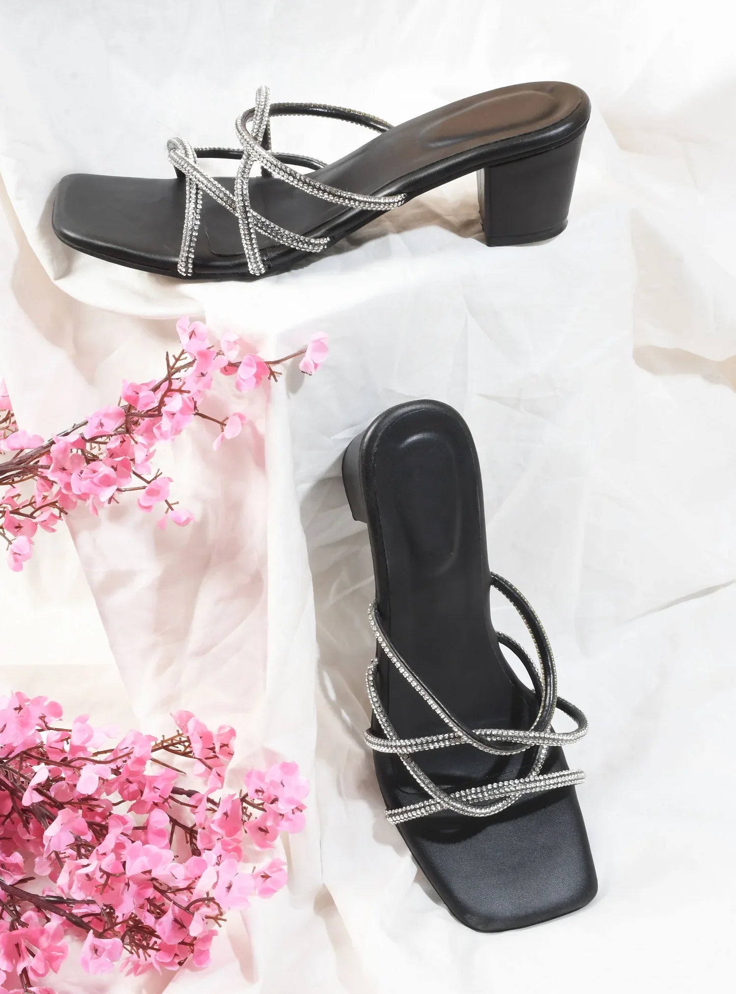 Elegant Rhinestone Strap Mid Heels