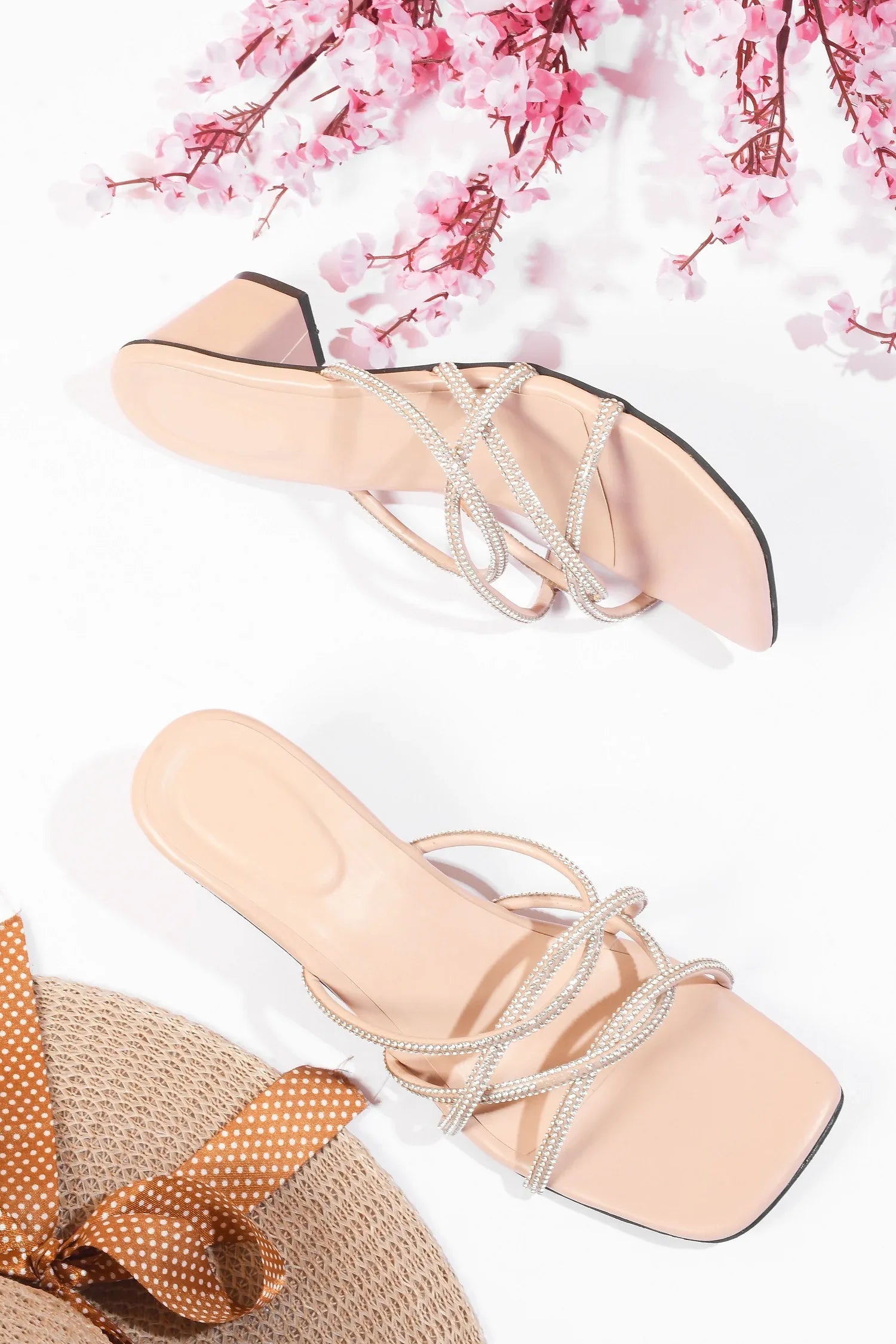 Elegant Rhinestone Strap Mid Heels