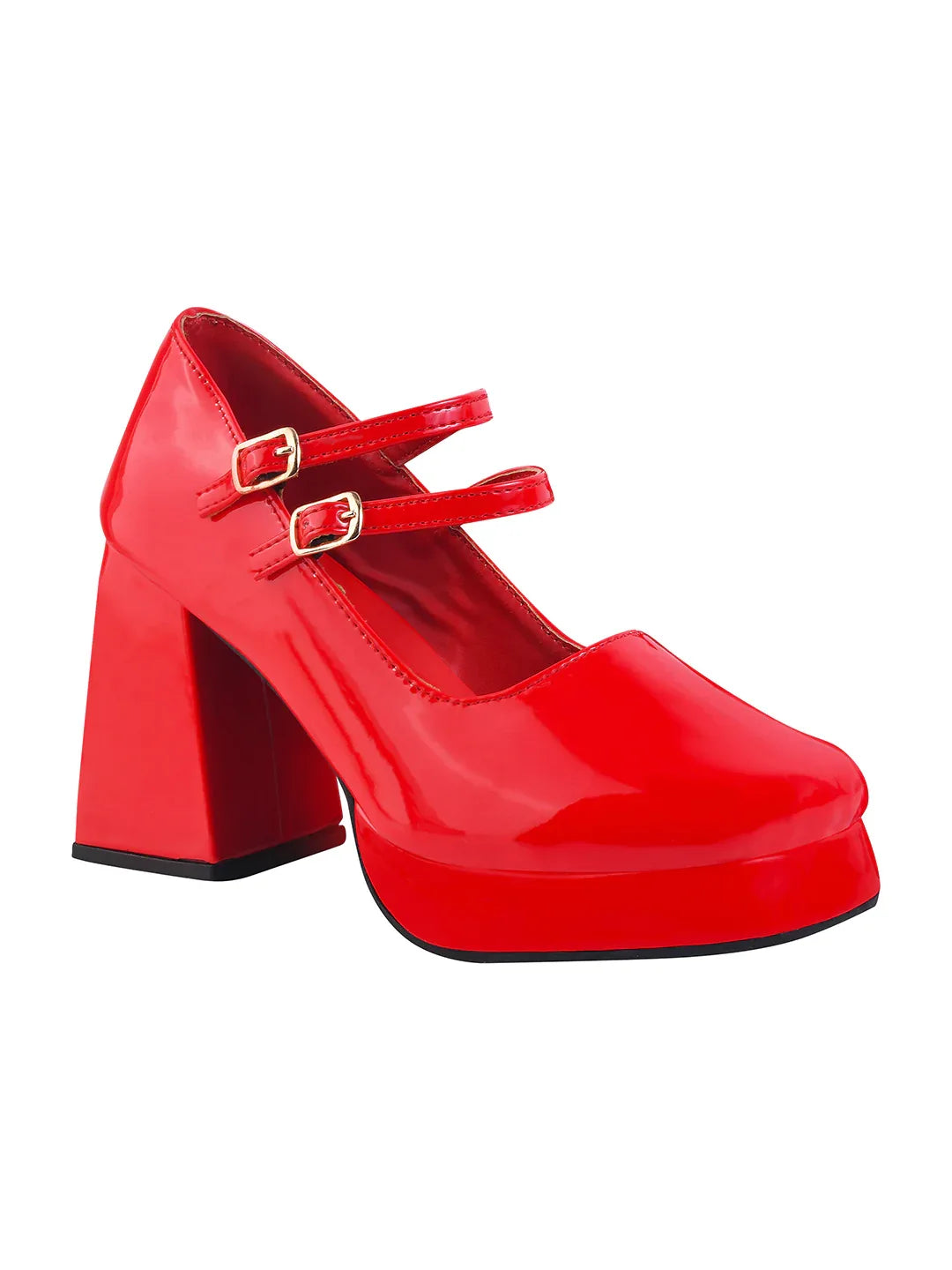 Patent Finish Double Strap Block Heel Pumps