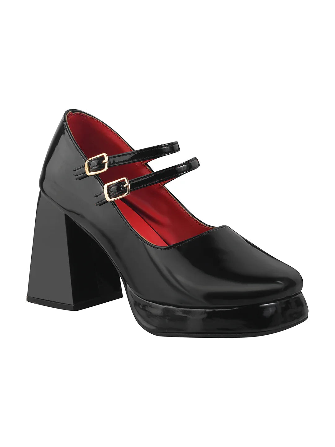 Patent Finish Double Strap Block Heel Pumps