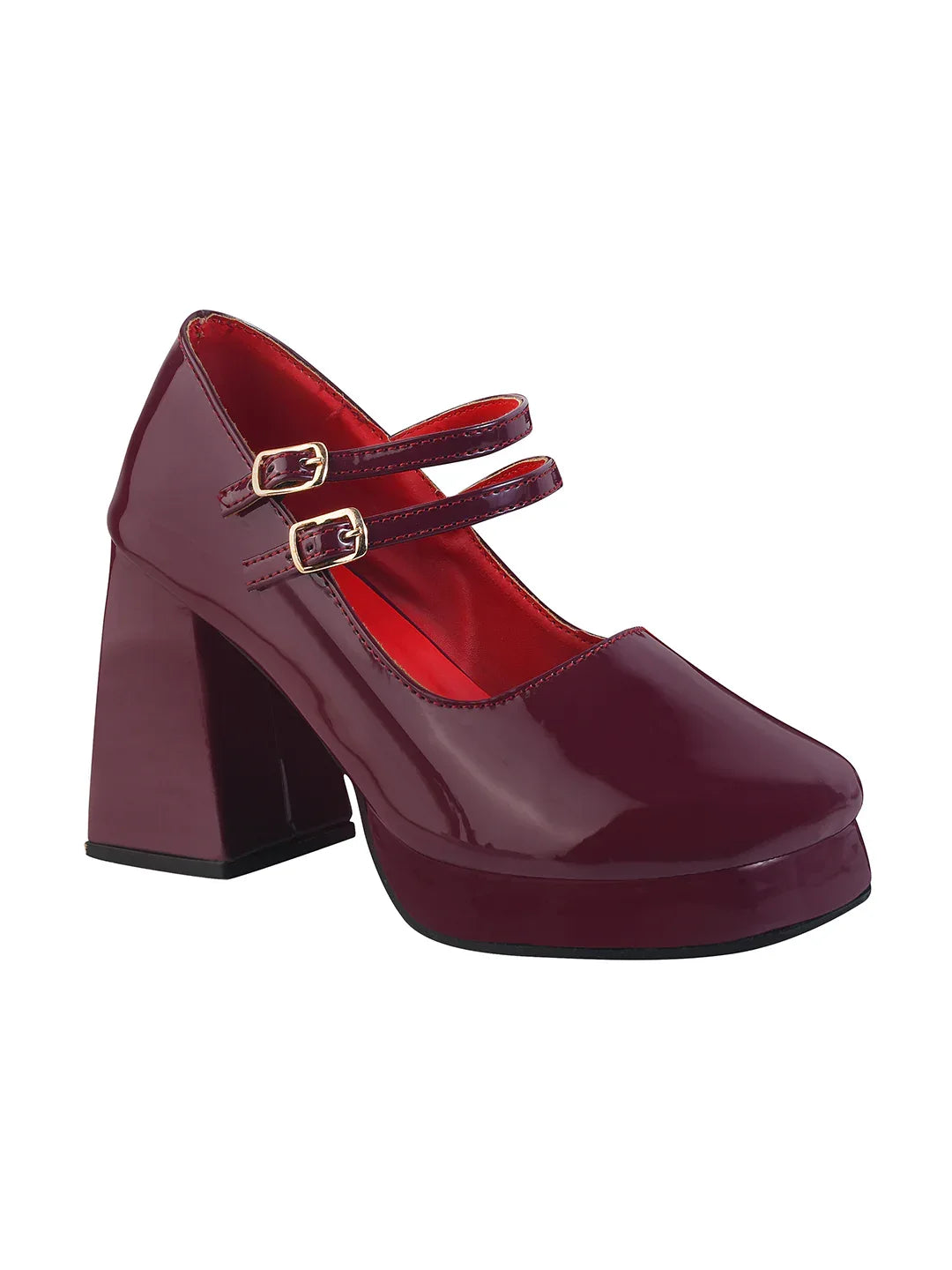 Patent Finish Double Strap Block Heel Pumps