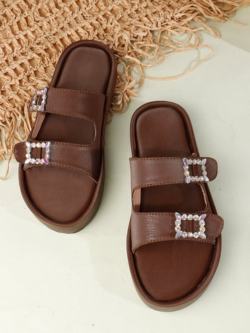 Dual-Strap Rhinestone Buckle Slide Soft Casual Flats
