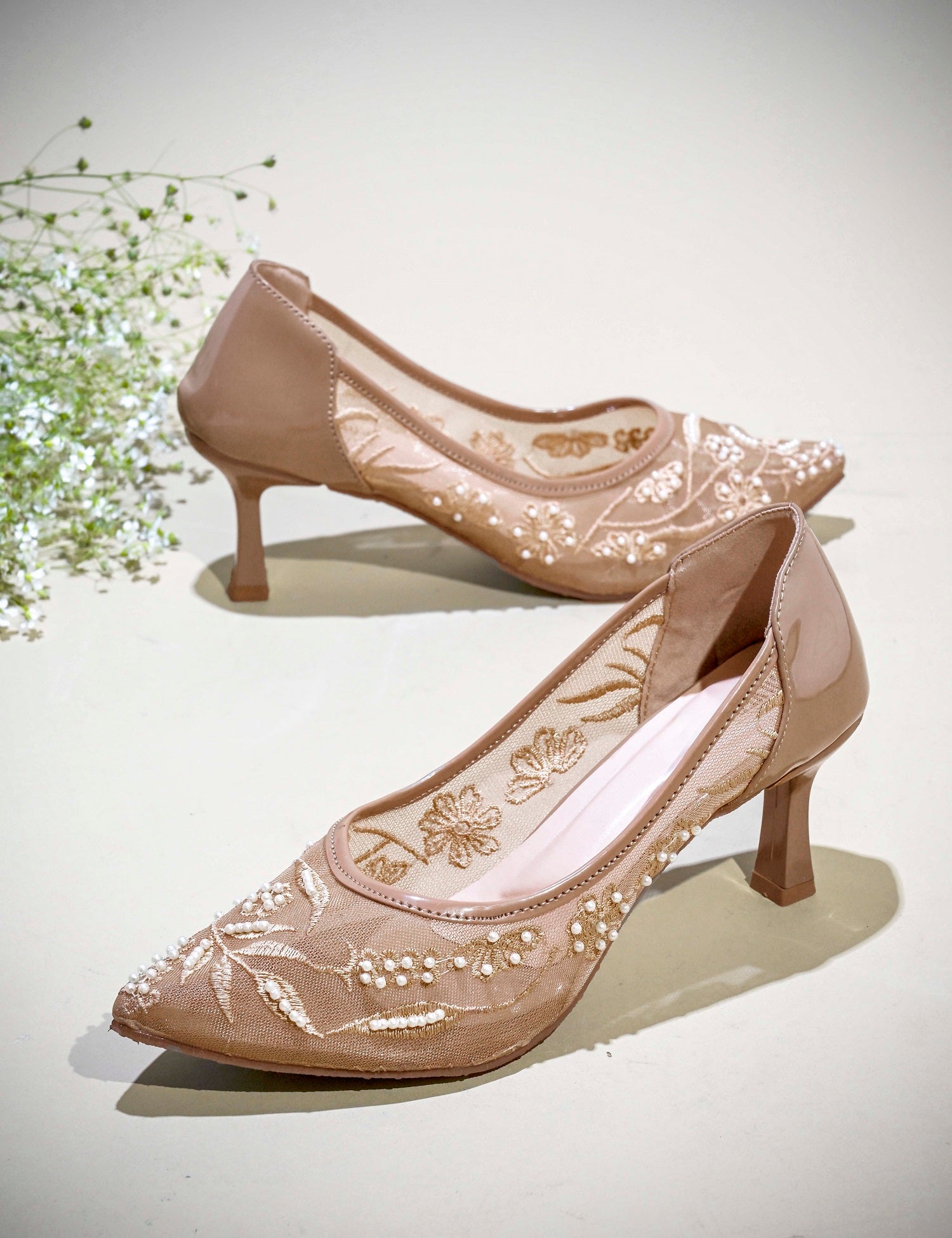 Pearl Embroidered Mesh Kitten Heels