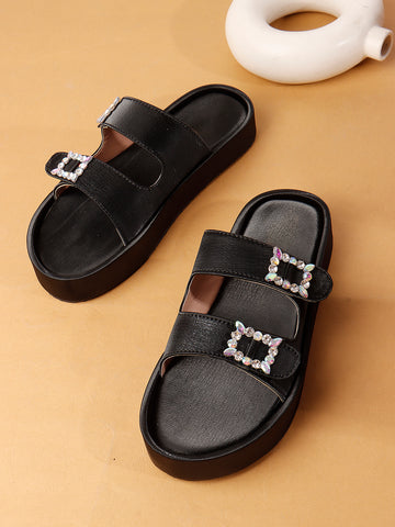 Dual-Strap Rhinestone Buckle Slide Soft Casual Flats