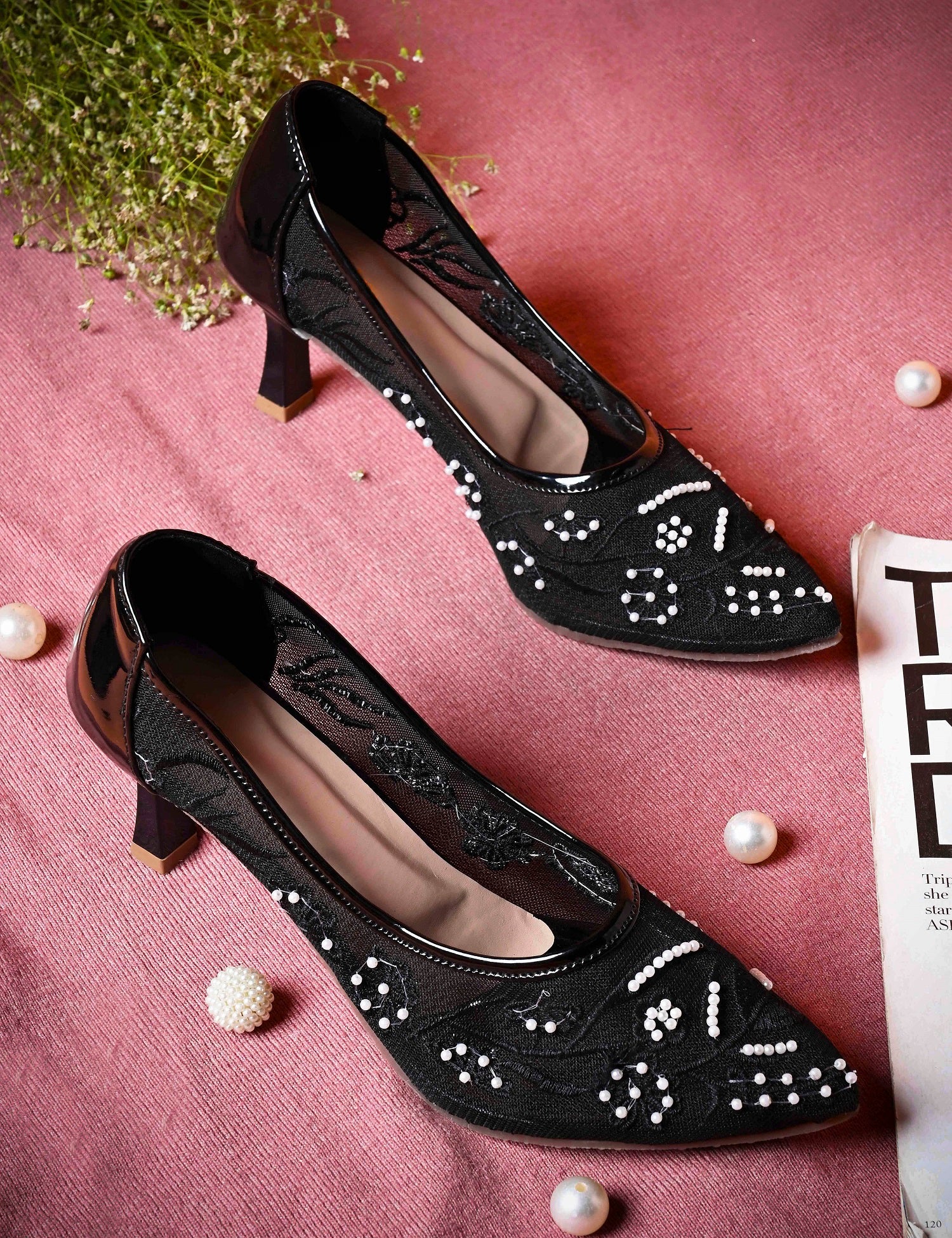 Pearl Embroidered Mesh Kitten Heels