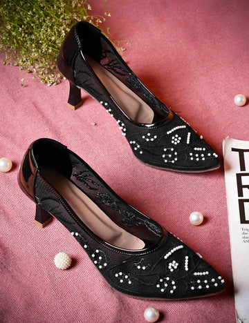 Pearl Embroidered Mesh Kitten Heels