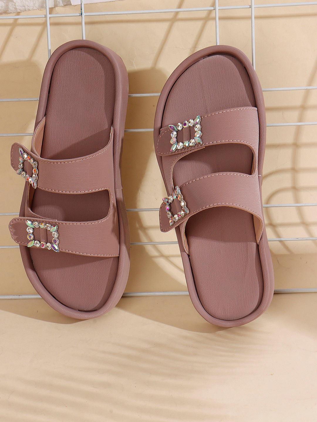 Dual-Strap Rhinestone Buckle Slide Soft Casual Flats