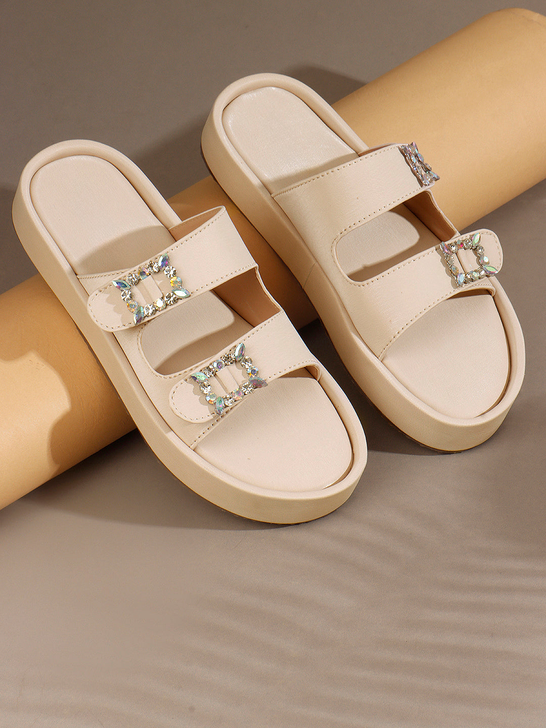 Dual-Strap Rhinestone Buckle Slide Soft Casual Flats