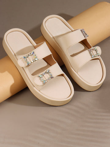 Dual-Strap Rhinestone Buckle Slide Soft Casual Flats