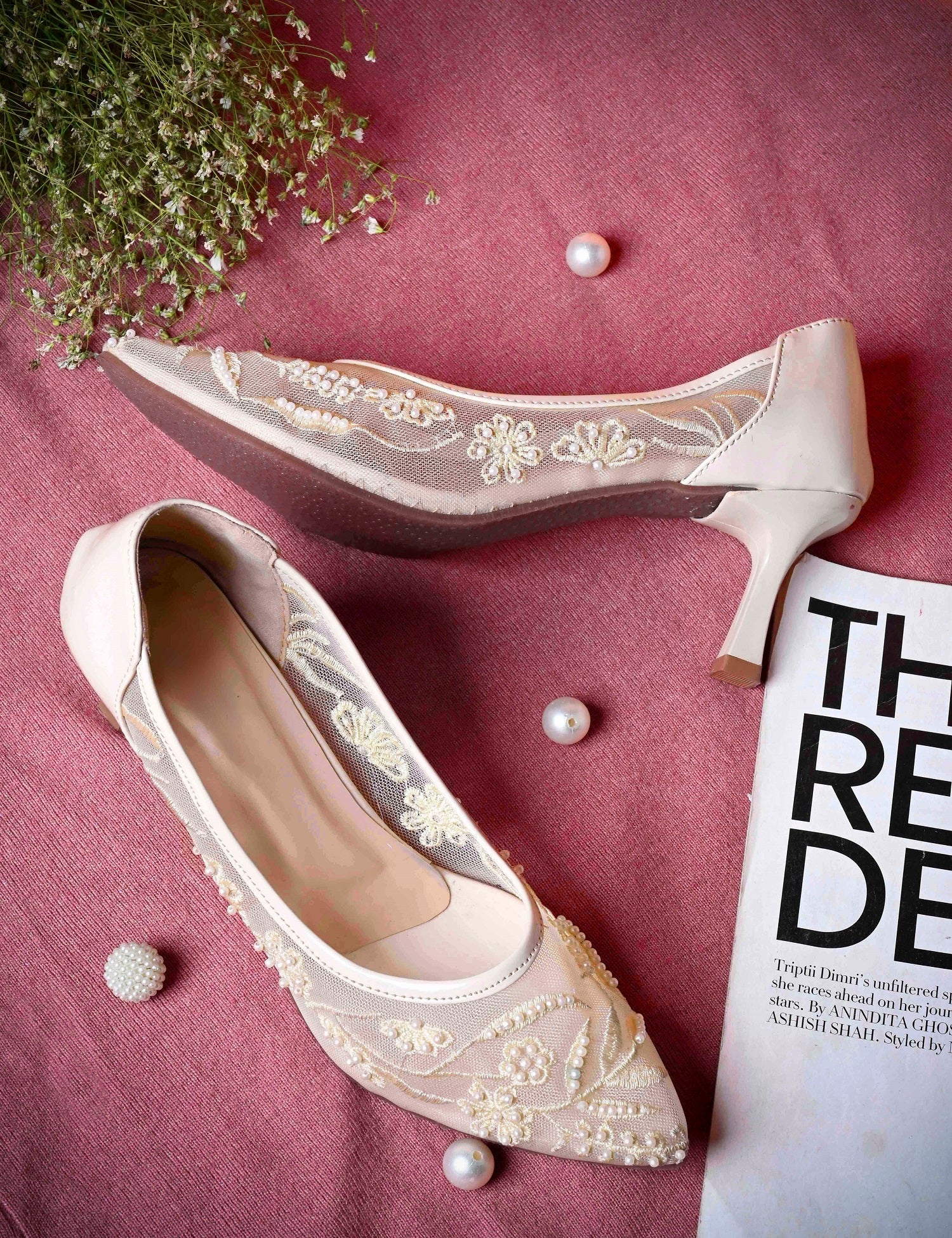 Pearl Embroidered Mesh Kitten Heels