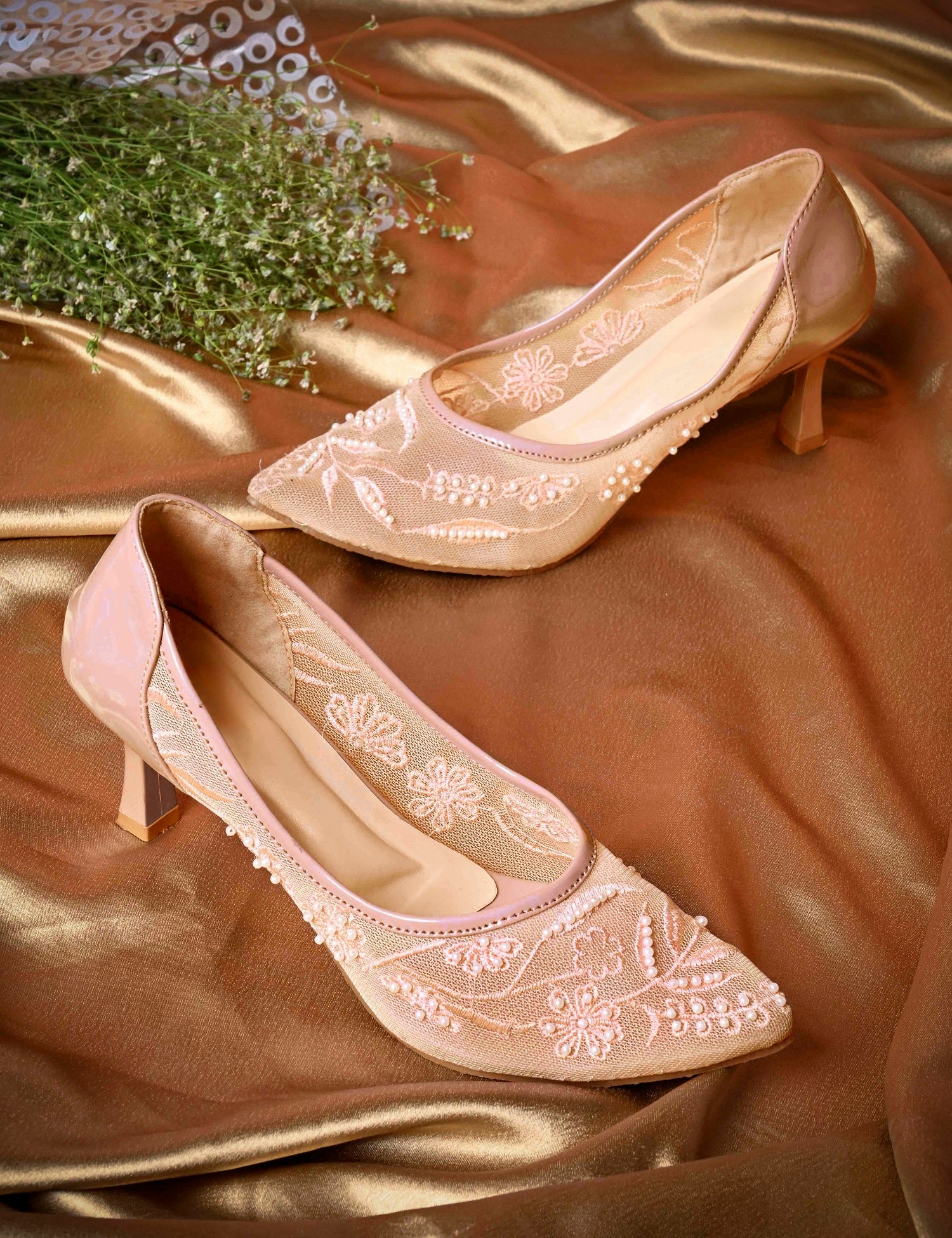 Pearl Embroidered Mesh Kitten Heels