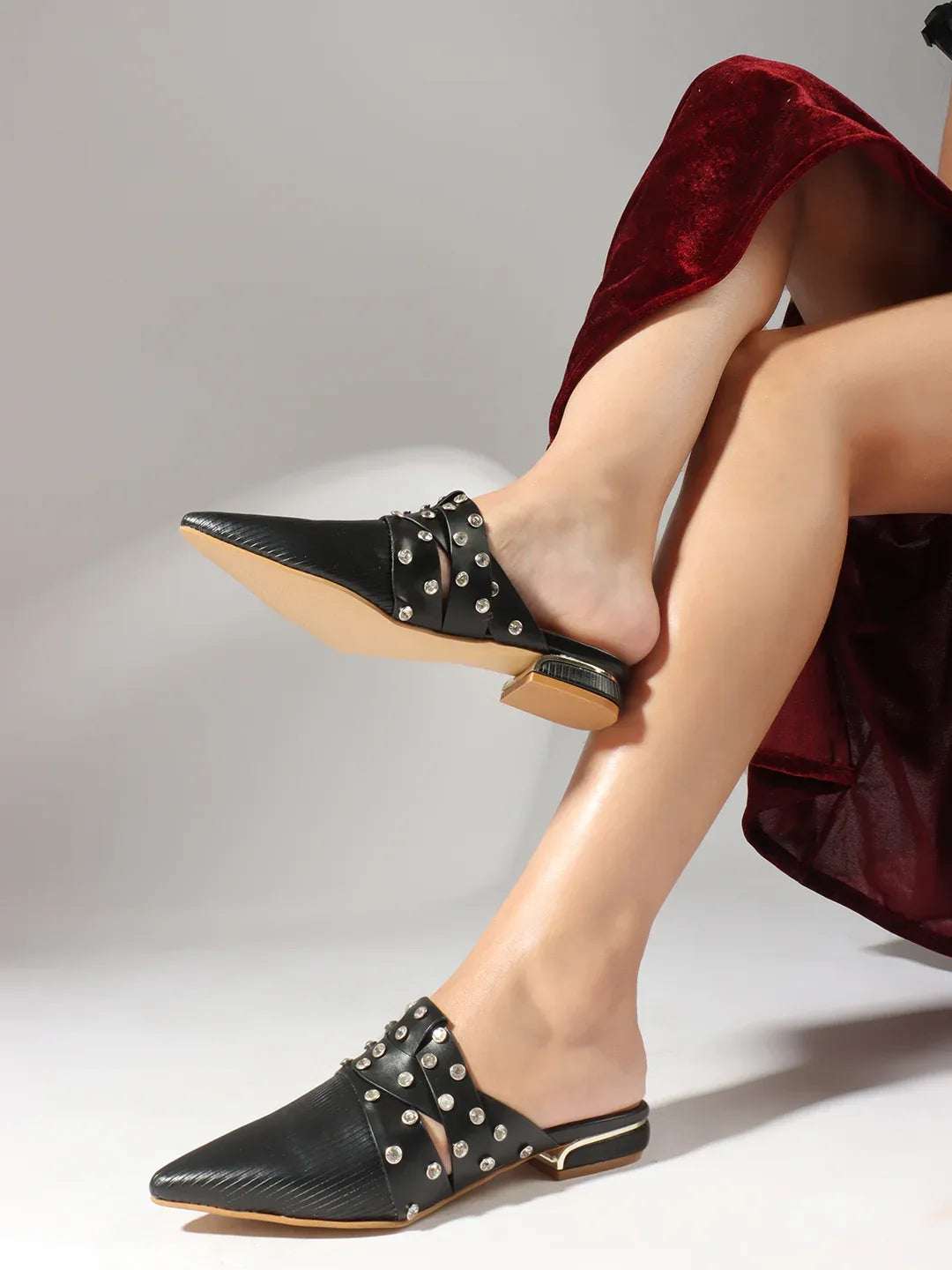 Textured Pointed Toe Studded Slip-On Mules