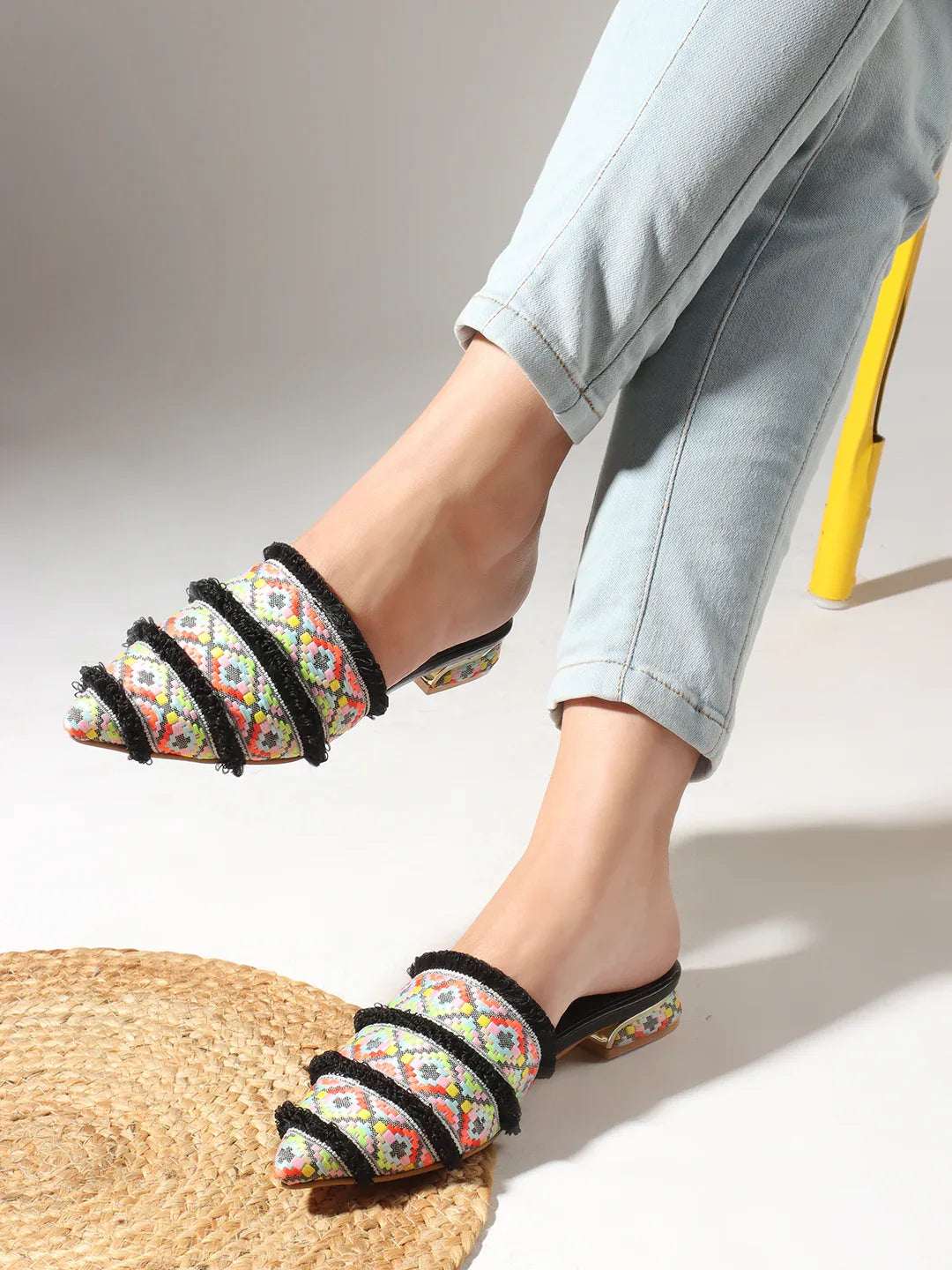 Ethnic Print Pointed Toe Mule with Fringe Accents