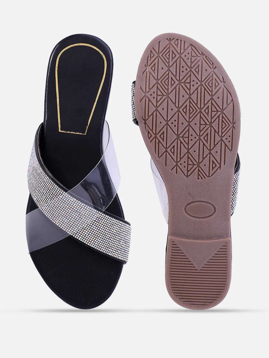 Transparent Strap Sandals Rhinestone Slip-On Flats