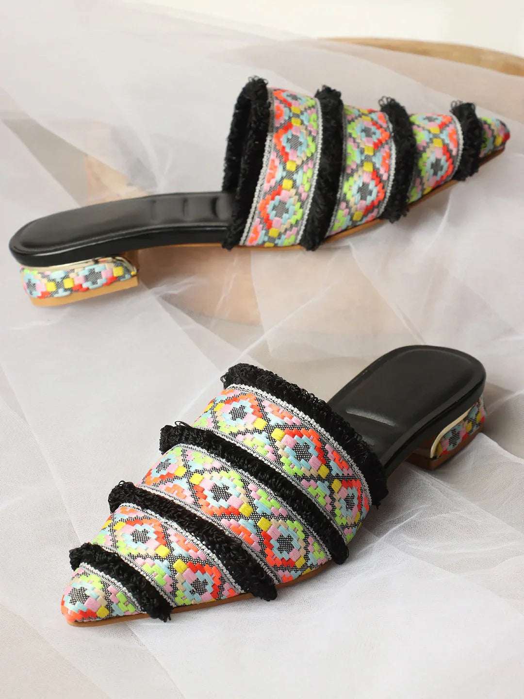Ethnic Print Pointed Toe Mule with Fringe Accents