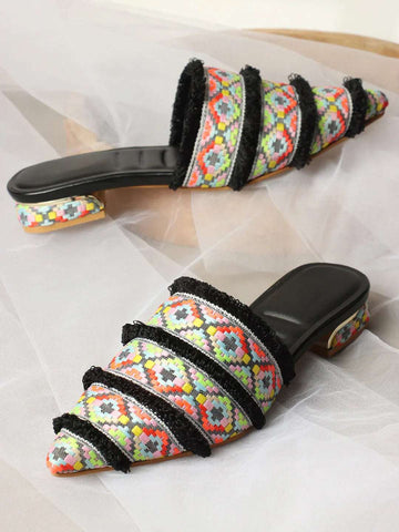 Ethnic Print Pointed Toe Mule with Fringe Accents